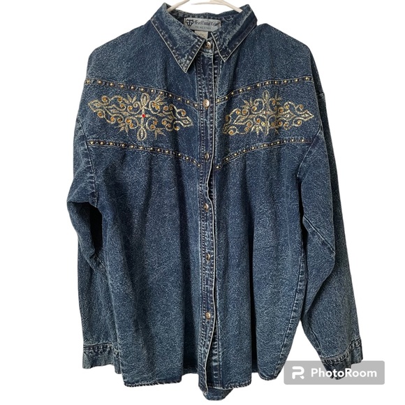 Traditional Value Vintage 90s Embroidered Studded Denim Jean Top, Size L, EUC! - Picture 1 of 7